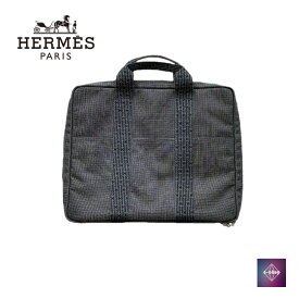 【確実正規品】 HERMES エルメス エールライン キャンバスブリーフバッグ ハンドバッグ バッグ bag ブランド ビジネス ブラック グレー ダークグレー 黒 シルバー金具 中古 美品