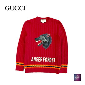 【美品】 確実正規品 GUCCI グッチ ANGER FOREST ウルフ 刺繍 エンブロイダリー ニット 486910 セーター 長袖 レッド 赤 メンズS 中古