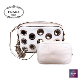 【新品】PRADA Grommet Punching Chain Hand bag 1 BA 028 Leather Whiteプラダ バッグ パンチングチェーン ハンドバッグ ホワイト レディース 正規品