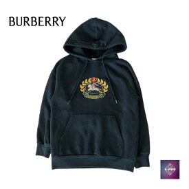 【極美品】 BURBERRY バーバリー フロント刺繍 プルオーバー パーカー 8002933 コットン 長袖 ブラック メンズS 中古