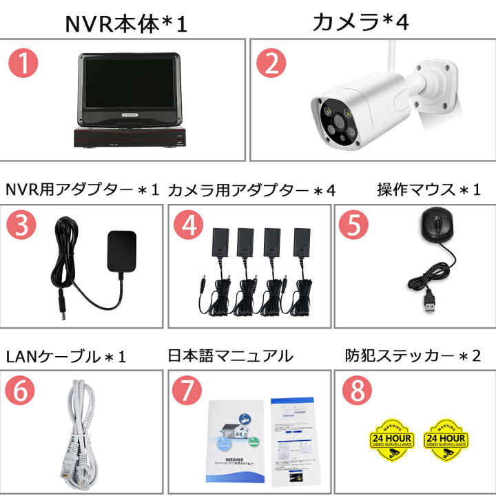 楽天市場】防犯カメラ 4台セット 8台まで増設可 10インチ IPS液晶 