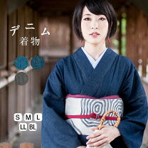 撫松庵 デニム着物(M)レディース☆黒ライン