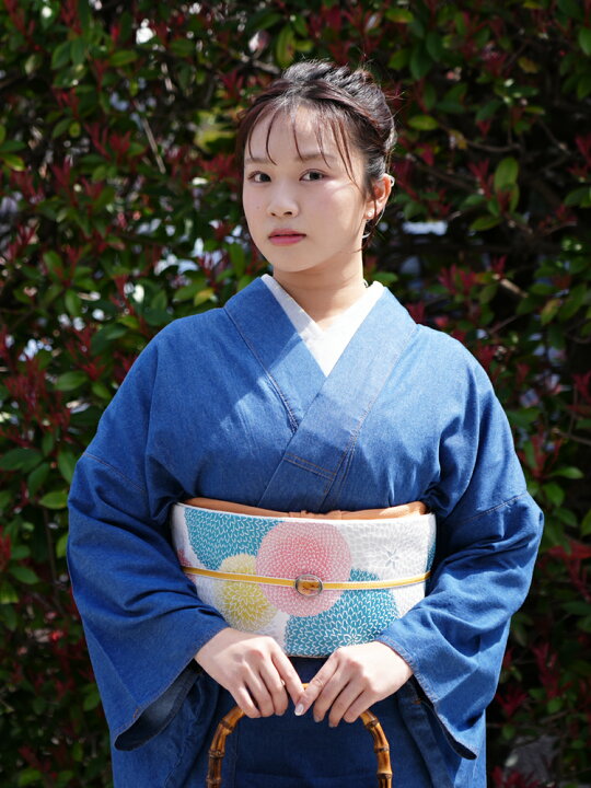 着物 花柄 和装 振袖 単衣 羽織 和装 牡丹 青 紺 デニム 昭和レトロ② 