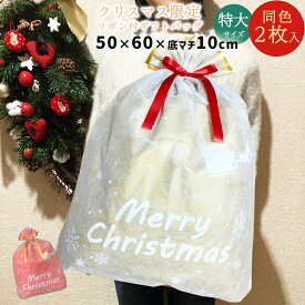 ラッピング 袋 クリスマス 大きい 特大 2枚セット 巾着【W50xH60（マチ付）】 ギフト リボン付き 不織布 2層袋 大きい プレゼント用 ギフト袋 雪 柄 Xmas かわいい おしゃれ 高級感 サンタクロース