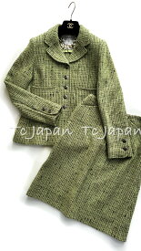 [中古] シャネル スーツ CHANEL ヴィンテージ オリーブ 美しい若草色 グリーン ウール シルク ツイード ジャケット スカート スーツ 美品 36