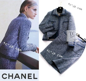 [中古] シャネル スーツ CHANEL ネイビー ブルー ホワイト ツイード ジャケット スカート 超美品 36