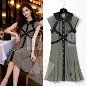 [中古] シャネル ワンピース CHANEL オリーブ シルク カーフ レザー トリム プリーツ ランウェイ登場 カール・ラガーフェルド 貴重 超美品 38 女優キーラ・ナイトレイ着用