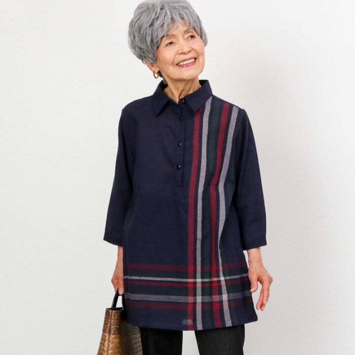 楽天市場 シニアファッション レディース 80代 70代 60代 90代 春夏 先染めチェックラインスキッパーシャツ おばあちゃん 服 婦人服 女性 ミセス 祖母 お年寄り 老人 高齢者 プレゼント 実用的 敬老の日 プレゼント ギフト ｔｃマート シニアファッション