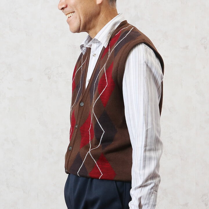 シニア メンズ 60代 70代 80代 おじいちゃん お年寄り アーガイル柄前開きニットベスト ファッション プレゼント 服 父の日 男性 秋冬 紳士服 高齢者 65 以上節約 ファッション