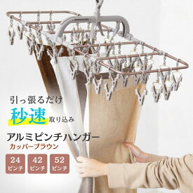 ピンチハンガー 物干しハンガー 洗濯バサミ アルミハンガー 引っ張るだけ 時短 室内干し 屋外干し 折りたたみ 軽量 自立 滑り止め フック付き 24ピンチ 42ピンチ 52ピンチ 丈夫 サビにくい 省スペース 洗濯グッズ 洗濯用品