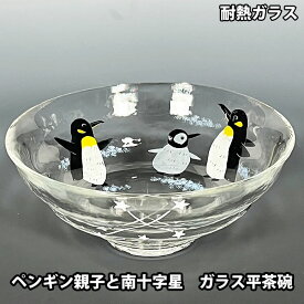 茶道具 抹茶茶碗 耐熱 ペンギンの親子と南十字星の絵 ガラス平茶碗 松本明日香画