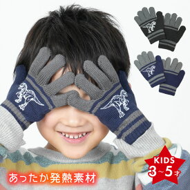 【4日20時〜 P20倍&10％OFFクーポン】キッズ ダイナソー あったか発熱 手袋 ニット のびのび 恐竜 防寒 保温 暖かい あたたかい かっこいい 男児 男の子 子供 通園 おでかけ アウトドア 五本指 グローブ 洗える 誕生日 プレゼント クリスマス 3歳 4歳 5歳