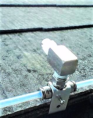 ミストノズル：自在金具付きノズル  屋根散水、太陽光パネル冷却に！水量：毎分３リットル、広角噴霧：115°