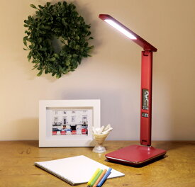 LED ビジネス デスクライト オリンピア照明 MotoM ブランド GS1701R (赤) インテリア ランプ レッド レザー調 USB スマホ充電 勉強机 リビング 寝室 アラーム付時計 カレンダー 温度計 折り畳めてコンパクト