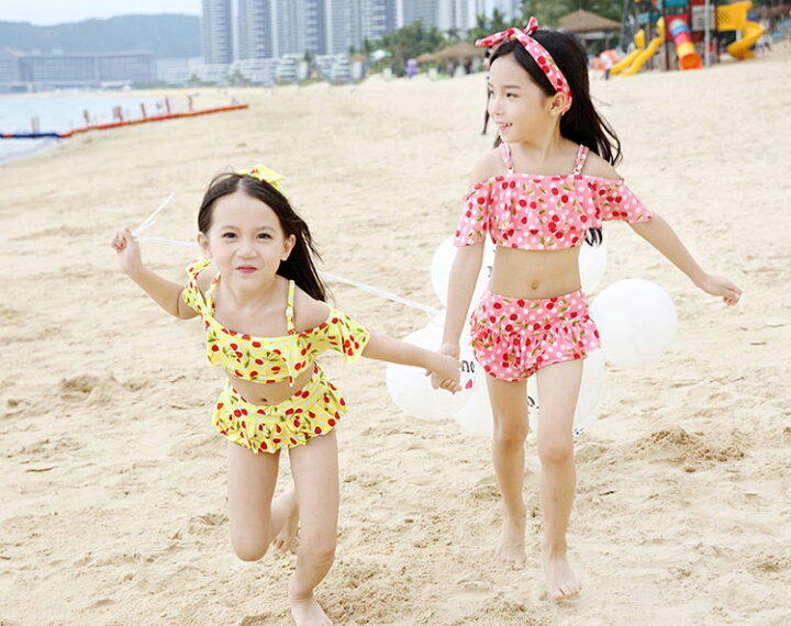 楽天市場 キッズ 水着 女の子 ビキニ セパレート 子供 ジュニア 2点 セット 小学生 さくらんぼ柄 キュート フリル かわいい 動きやすい おしゃれ 女児 水遊び ピンク イエロー ネイビー ブルー 85 90 95 100cm 110cm 1cm 130cm 140 Cm 着替え楽々