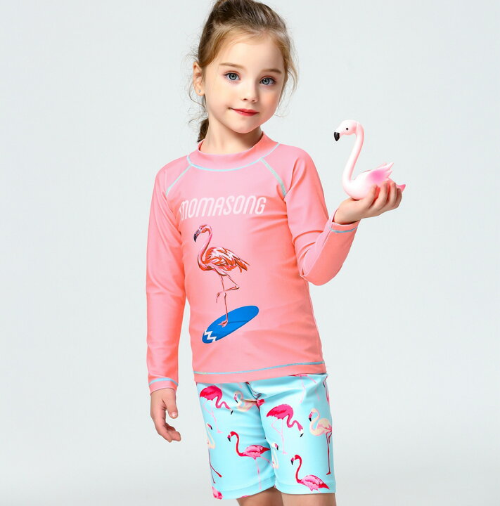 楽天市場 キッズ 水着 女の子 ラッシュガード 長袖 パンツ キャップ セパレート 3点セット トップス 半パン 80cm 90cm 100cm 110cm 1cm 130cm 可愛い お洒落 ミックスマッチ トータルコーデ こども 小学生 フラミンゴ柄 露出控えめ 日焼け対策 熱中症対策 水泳教室 海