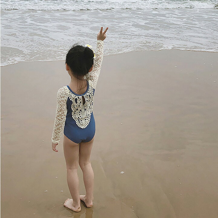 楽天市場 キッズ 水着 女の子 オールインワン スイムキャップ 2点セット 夏 海 プール ビーチ 子供 ベビー ジュニア 100cm 110cm 1cm 130cm 140cm かわいい おしゃれ 長袖 レース かぎ編み クロシェ ブルー カーキ 幼稚園 保育園 小学生 無地 露出控えめ 水泳教室