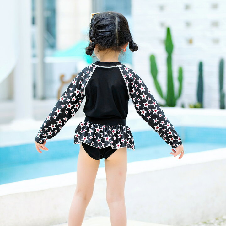 楽天市場 キッズ 水着 女の子 セパレート かわいい トップス フリル付きショーツ 2点セット ワンピース風 黒 白 子ども ベビー ジュニア 100cm 110cm 1cm 130cm 140cm 長袖 紫外線対策 夏 海 プール ビーチ 温泉 総柄 スター 幼稚園 保育園 小学生 露出控えめ