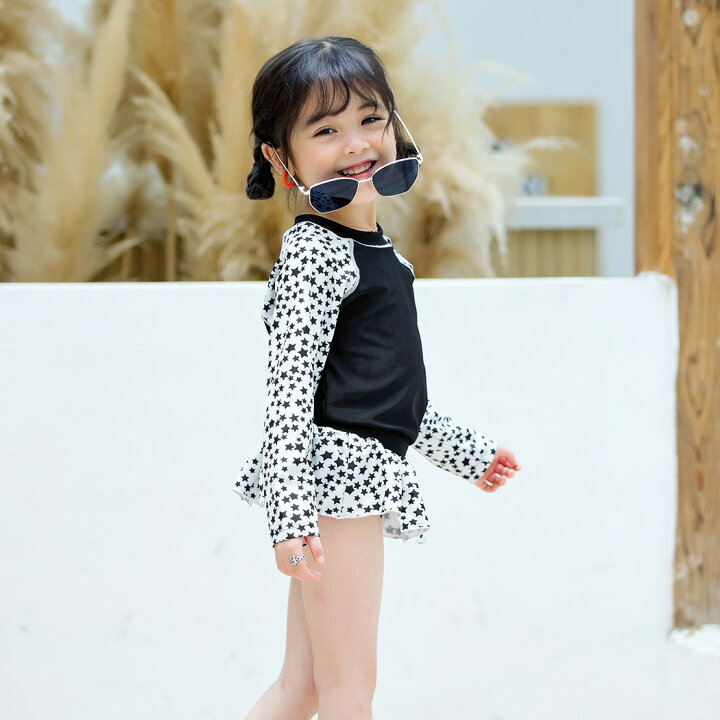 楽天市場 キッズ 水着 女の子 セパレート かわいい トップス フリル付きショーツ 2点セット ワンピース風 黒 白 子ども ベビー ジュニア 100cm 110cm 1cm 130cm 140cm 長袖 紫外線対策 夏 海 プール ビーチ 温泉 総柄 スター 幼稚園 保育園 小学生 露出控えめ