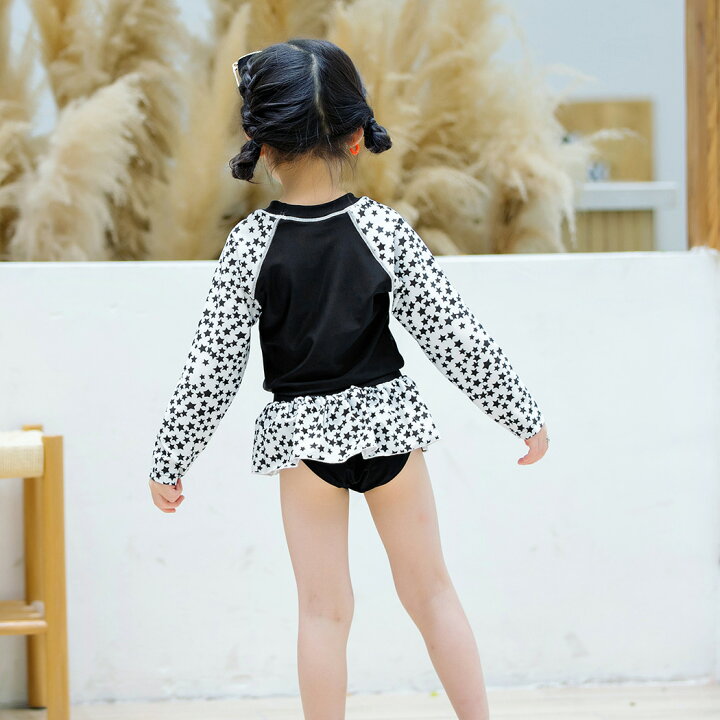 楽天市場 キッズ 水着 女の子 セパレート かわいい トップス フリル付きショーツ 2点セット ワンピース風 黒 白 子ども ベビー ジュニア 100cm 110cm 1cm 130cm 140cm 長袖 紫外線対策 夏 海 プール ビーチ 温泉 総柄 スター 幼稚園 保育園 小学生 露出控えめ