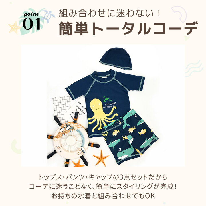子供 水着 男の子 ラッシュガード 半袖 ショートパンツ キャップ 3点セット セットアップ キッズ ジュニア 70 80 90 100 110 120 130 140 150 160 裏地付き 男児用 UV対策 水遊び プール 海 川 アウトドア おしゃれ かわいい 魚柄 ジュニア キッズ ロゴラッシュガード 3点セット 水着 男の子 16