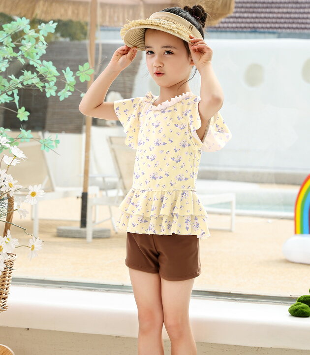キッズ 水着 女の子 セパレート 半袖 チュニック ショートパンツ 2点セット かわいい おしゃれ 花柄 フレアスリーブ ティアードフリル ひらひら プルオーバー 小学生 100 110 120 130 140 裏地付き ブラライナー フロントライナー ガーリー 水遊び TeddyShop 水着 男の子 130 レギンス 黒 シンプル 大人っぽい 海外旅行 日焼け止め