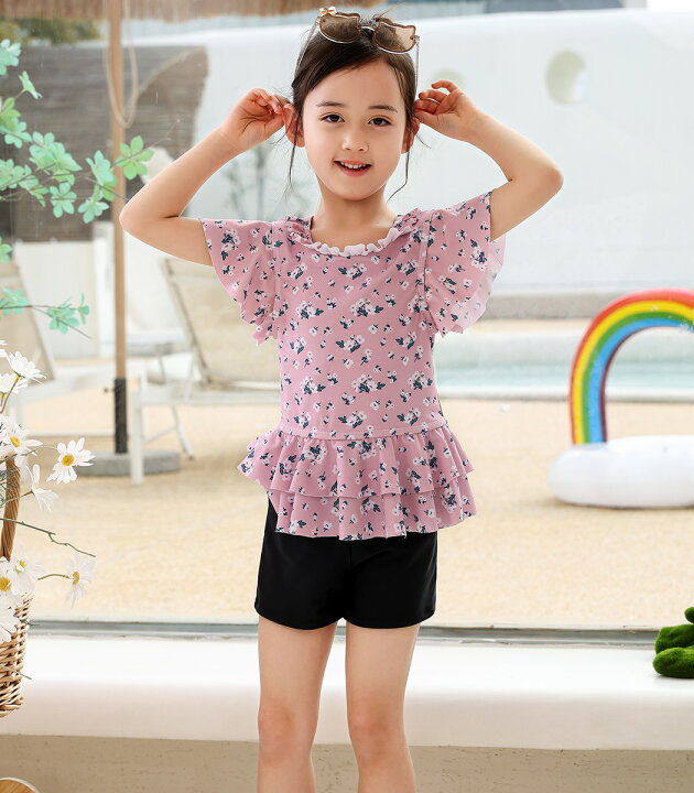 キッズ 水着 女の子 セパレート 半袖 チュニック ショートパンツ 2点セット かわいい おしゃれ 花柄 フレアスリーブ ティアードフリル ひらひら プルオーバー 小学生 100 110 120 130 140 裏地付き ブラライナー フロントライナー ガーリー 水遊び TeddyShop 水着 男の子 110 大人っぽい ロゴ 短パン ショートパンツ UVカット 長袖