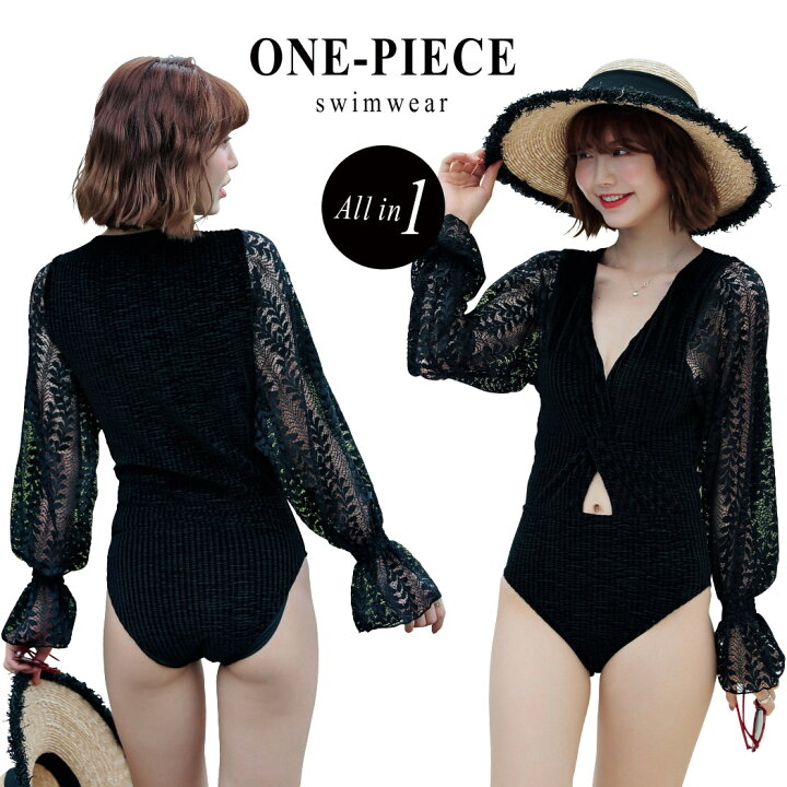 楽天市場 水着 ワンピース レディース 体型カバー オールインワン ベロア レース リブ 長袖 シースルー シンプル カットアウト セクシー 上品 オトナ 女子 黒 ママ水着 Vネック 可愛い お洒落 エレガント ノンワイヤー パッド付 ビーチ プール 海外 二の腕 お腹 カバー