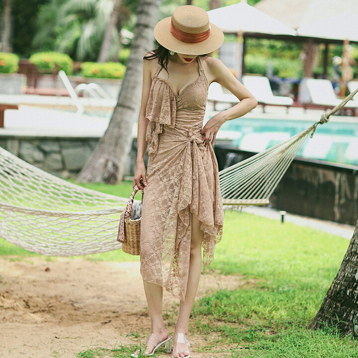 M 水着 レースワンピース セット 体型カバー 黒 韓国 2way パレオ 春夏新作