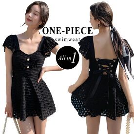 水着 レディース ワンピース オールインワン 半袖 黒 フラワーカッティング 花柄 シンプル 可愛い お洒落 フリル バックシャン バックリボン アクセント リボン レースアップ ワントーン ブラック 大人 海 パッド付き ノンワイヤー 露出控えめ