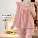 ＼20％OFFクーポン！／ルームウェア レディース トップス ショートパンツ セットアップ 2点セット 上下セット パジャマ チェック チュニック Aライン ノースリーブ 肩 裾 フリル ウエストゴム 袖口ゴム スクエアネック ガーリー 通気性 吸湿性 蒸れにくい 薄手 夏