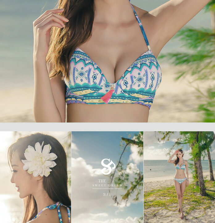 楽天市場 水着 レディース ビキニ パンツ 2点セット 韓国 ファッション Shebeach Iris Tassle Bikini 正規品 セクシー キュート ガーリー かわいい ホルターネック おしゃれ 大人 パッド付き 小胸もバスト盛れる ブルー エスニック タッセル 即日発送 Teddyshop