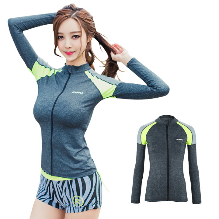 楽天市場 水着 レディース ラッシュガード 長袖 単品 韓国 ファッション Shebeach Ripple Melany Zipup Rashguard シービーチ 正規品 かわいい S M L 7号 9号 11号 女性 安全 海 ジム 体型カバー トップス Upf50 紫外線対策 ロゴ入り Teddyshop