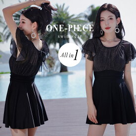 水着 レディース ワンピース オールインワン 体型カバー水着 10代 20代 30代 半袖 おしゃれ かわいい エンジェルスリーブ 大人 バックリボン バックシャン パッド一体型 二の腕 ウエスト お尻 太もも カバーアップ 露出控えめ 洋服見え 黒