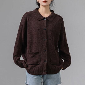 ＼半額クーポン対象！／「ゆったりメンズライク、毎日着たくなる1枚！」 襟付きニットカーディガン レディース レトロ フリーサイズ トップス アウター カジュアル ゆったり メンズライク コーデ 中厚手 ポケット付き スタンダードカラー 春 秋 冬