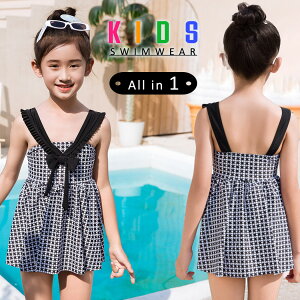 \20%OFFクーポン!/ キッズ 水着 ワンピース オールインワン 女の子 キャミソールワンピース ショーツ一体型 フリル リボン Aライン 裏地付き パッド付き 一部サイズのみ ネームタグ 幼稚
