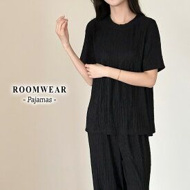 【6％OFFクーポン利用で！2,050円！12日迄】ルームウェア レディース セットアップ パジャマ トップス 半袖 パンツ ロング丈 2点セット 上下セット 楊柳 プルオーバー クルーネック ストレート 微Aライン サイドペプラム 切り替え ウエストゴム ポケット ベーシック