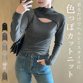 「ぱっとヘルシーに主役ニット」ニット トップス リブ カットソー レディース 胸元 カットアウト ハイネック 長袖 きれいめ 柔らかい 微起毛 暖かい プルオーバー セットインスリーブ 細見え 上品 伸縮性 中厚手 韓国 黒 白 春 秋 冬