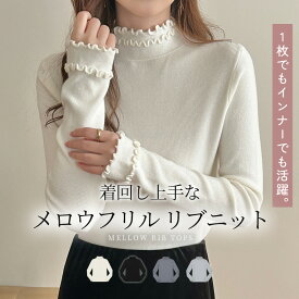 【10％OFFクーポン利用で！1,782円！17日迄】「きれいめな華やぎに」ニット リブ レディース 長袖 秋 冬 トップス カットソー インナー きれいめ 首 袖口 メロウフリル ハイネック セットインスリーブ プルオーバー 大人ガーリー 普段着 着回し 体型隠し 薄手 伸縮性 黒