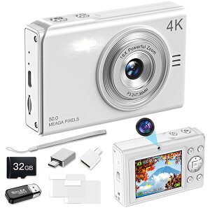 デジタルカメラ 4K デジカメ 日本製チップ 32GB SDカード付き 16倍ズーム 5000万画素 オートフォーカス ウェブカメラ コンパクト 初心者向け 懐中電灯機能