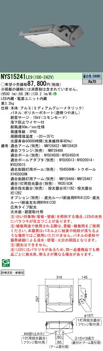楽天市場】パナソニック NYS15241 LE9 天井直付型・据置取付型 LED(昼白色) 投光器 広角タイプ配光 防噴流型・耐塵型 パネル付型 ( NYS15241LE9) : てかりま専科 楽天市場】パナソニック NYS15241 LE9 天井直付型・据置取付型 LED(昼白色) 投光器 広角タイプ配光 防噴流型・耐塵型 パネル付型 ( NYS15241LE9) : てかりま専科
