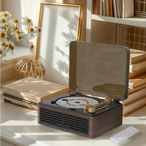 CDプレーヤー 卓上 レコードプレーヤー型 bluetooth5.0 スピーカー ラジオ USB/スマホ&ヘッドホン対応 光デジタル出力 リピート/シャッフル再生 リモコン付