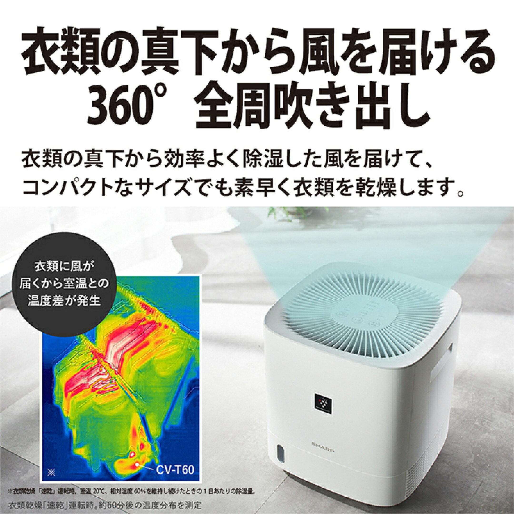 デシカント方式 衣類乾燥除湿機 ローコンパクトタイプ プラズマクラスター7000 ホワイト系 SHARP シャープ CV-T60-W