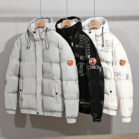 ダウンジャケット おしゃれ 英語 メンズ レディース フード付き ダウンケット かわいい 90%ダウン 厚手 暖かい 軽量 ダウンコート 10代 20代 30代 男性 メンズコート 通学 通勤着 M L XL 2XL 大きいサイズ アウター ブラック グレー ホワイト 白 長袖 冬服 メンズジャケット