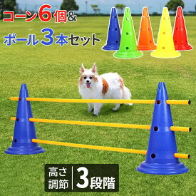 アジリティ 犬 コーン 6個 ポール 3本 セット 高さ調節 3段階 カラーコーン バー コーンバー ドッグ ドッグラン ジャンプバー ハードル スラローム 三角コーン 運動器具 屋外 送料無料 3ss