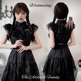 ハロウィン 衣装 ワンピース ウェンズデー レディース 3点セット アダムス・ファミリー コスプレ 仮装 制服 ハロウィン ミニ 可愛い 写真 撮影 セクシー ブラック 大きいサイズ S-3XL