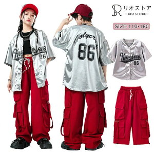 キッ レッドカーゴパンツ 多ポケット 半袖 野球服 女の子 ベースボールシャツ 男の子 ヒップホップ キッズダンス 子供ダンス 赤