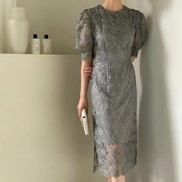 楽天市場 パーティードレス 韓国 おしゃれ 安い 即納 お呼ばれ ワンピース 結婚式 二次会 謝恩会 成人式 可愛い ロング 個性的 ブルー レース プチプラ 半袖 クラシカル 10代 代 30代 S M L Xl グレー 海外 フェミニン ガーリー Pots