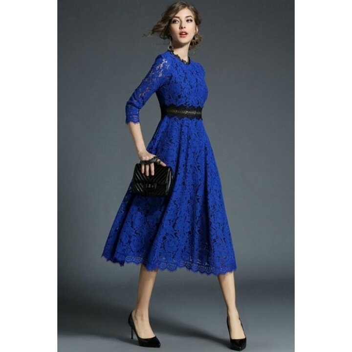 楽天市場 ドレス ワンピース 膝丈 ミモレ丈 総レース ウエストマーク 個性的 エレガント かわいい ベージュ 青 ブルー 黒 謝恩会 お呼ばれ 結婚式 10代 代 30代 2色 Pots