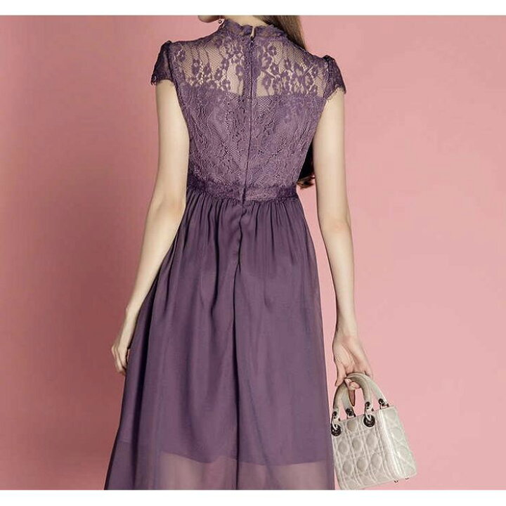 楽天市場 ワンピース ロング レース 切り替え 袖あり 上品 清楚 フレア エレガント 結婚式 二次会 代 30代 40代 紫パープル S M L Xl Pots